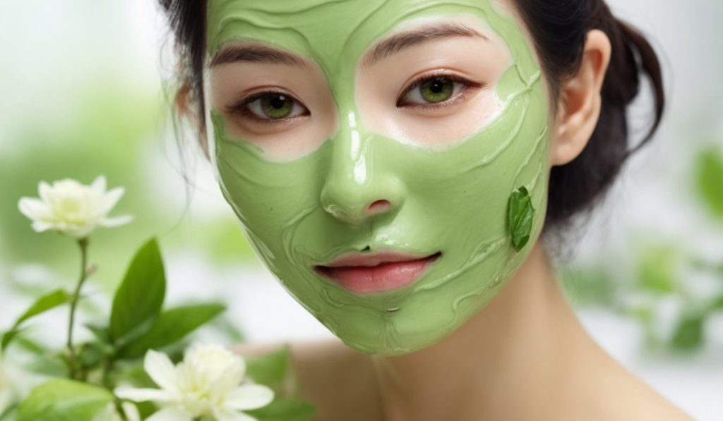 Eine Grüner Tee Gesichtsmaske auf dem Gesicht einewr Frau