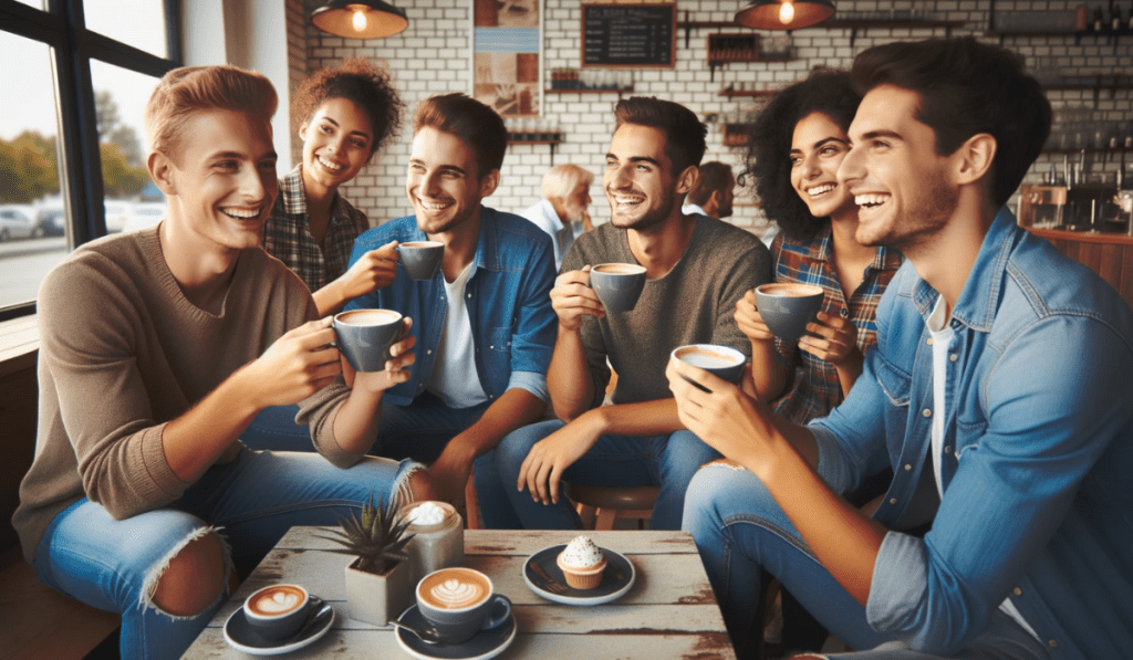 Freunde im Cafe  unterhalten sich - Kommunikation ohne Smartphone