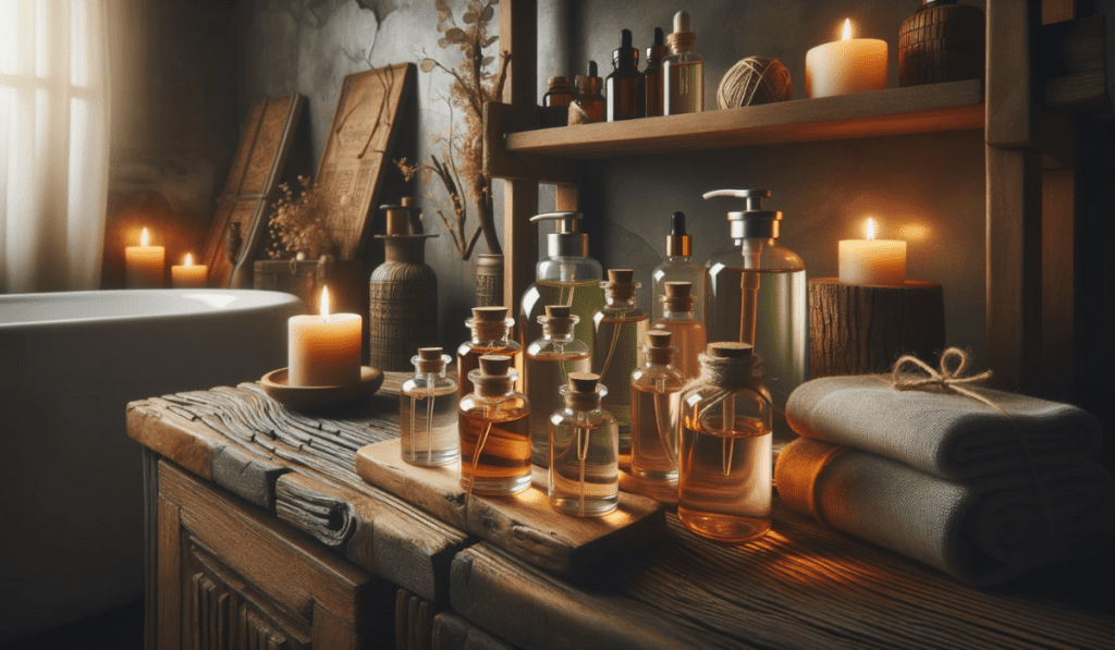 Massageöle in Flaschen auf einem Holzregal in einem gemütlichen Badezimmer 