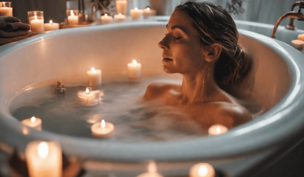 Selbstfürsorge lernen: Frau ptraktiziert Entspannung in der Badewanne mit Kerzen