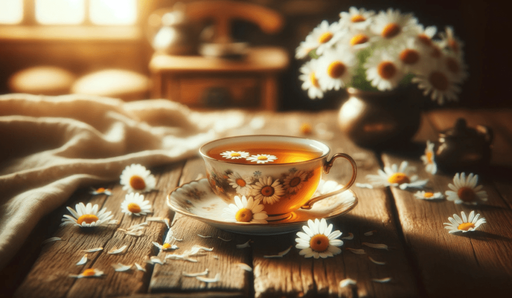 Ein Tee aus Gänseblümchen auf Holztisch