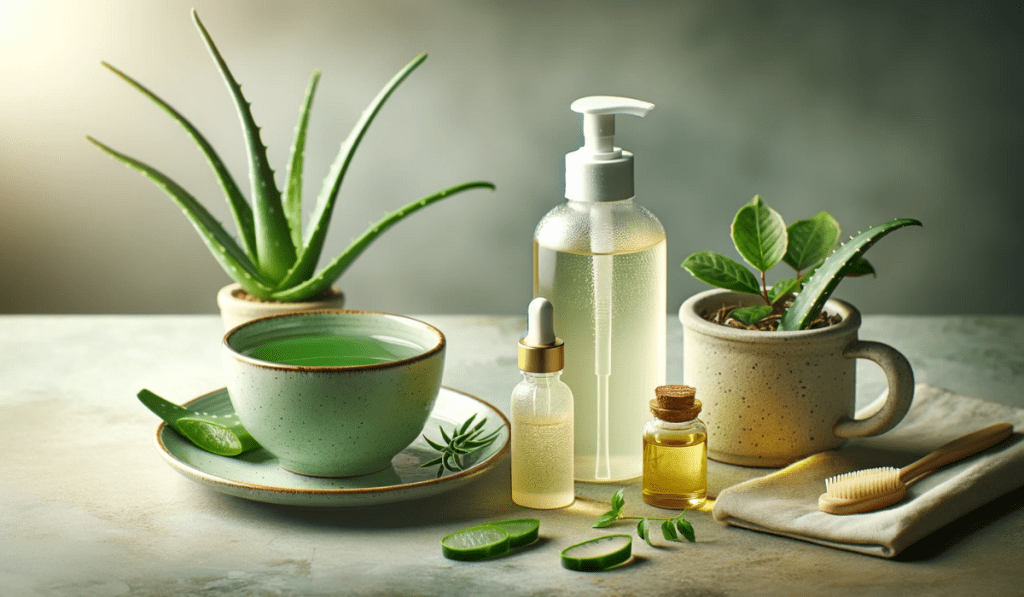 Eine Flasche selbstgemachtes Gesichtswasser, begleitet von einer Tasse grünem Tee, einer Aloe-Vera-Pflanze und einem kleinen Fläschchen Jojobaöl