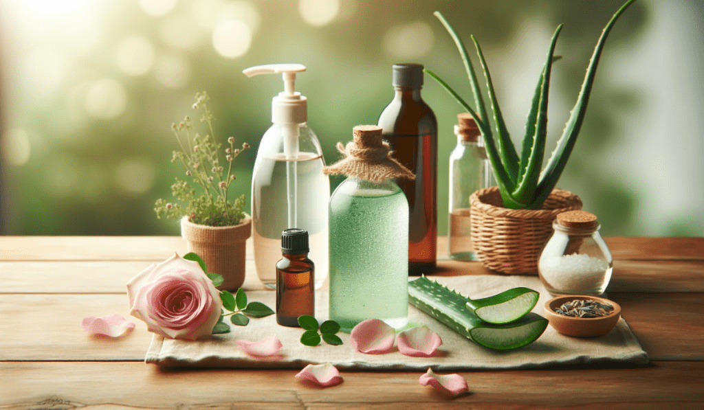 Eine Flasche selbstgemachtes Gesichtswasser, umgeben von Rosenwasser, einer Aloe-Vera-Pflanze, Apfelessig und einer Flasche Lavendelöl.