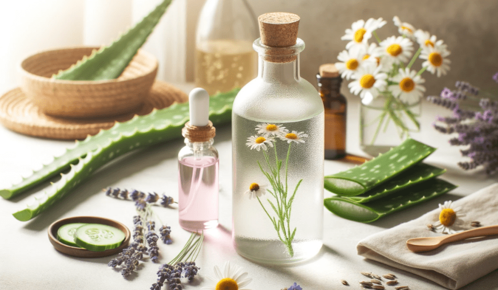 Eine Flasche selbstgemachtes Gesichtswasser, umgeben von Aloe Vera, Kamillenblüten, Lavendelblüten und Rosenwasser.