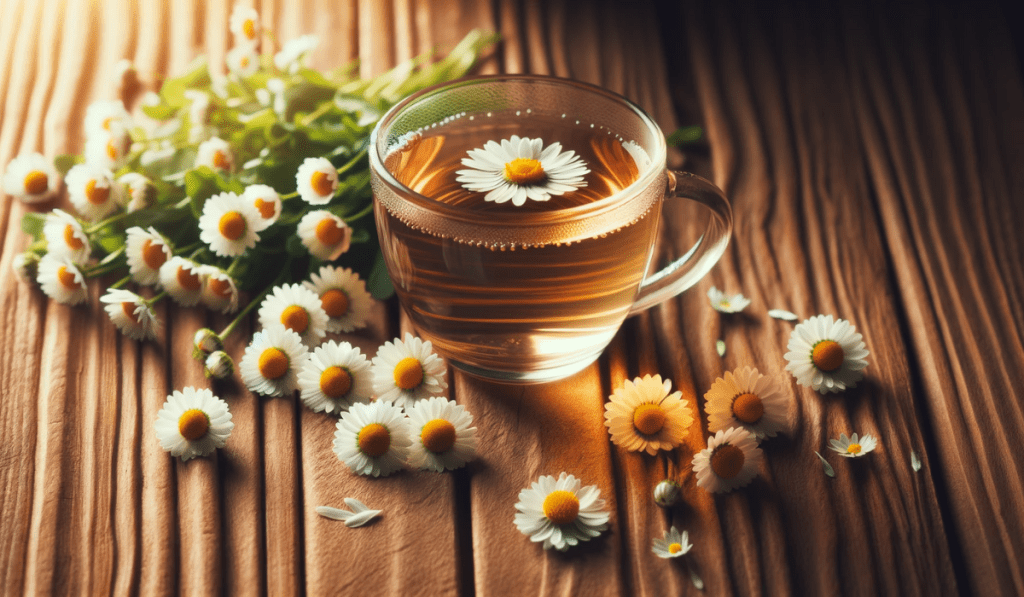 Eine Tasse Tee und Gänseblümchen als Hausmittel gegen Halsschmerzen