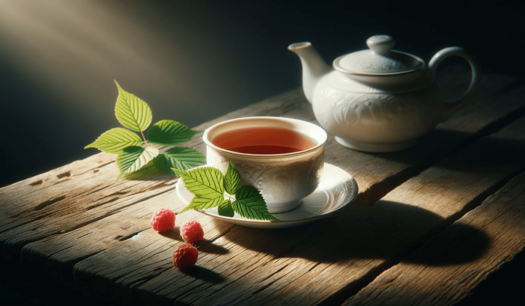 Eine Tasse Tee und Himbeerblätter als Hausmittel gegen Halsschmerzen
