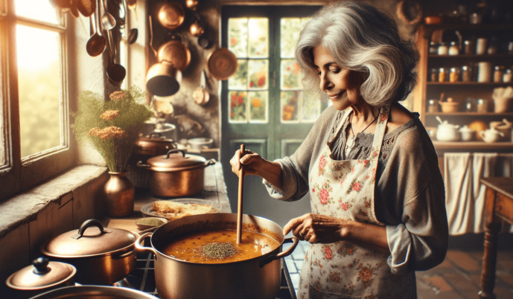 Frau nutzt Kreuzkümmel Samen für die Suppe