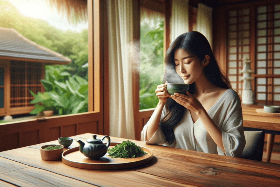 Frau trinkt Moringa oleifera Tee