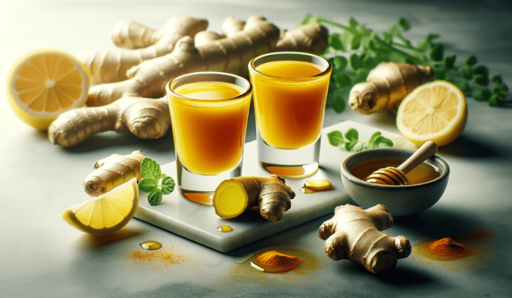 Ingwer Shot mit Ingwer Wurzeln, Zitronen und Honig
