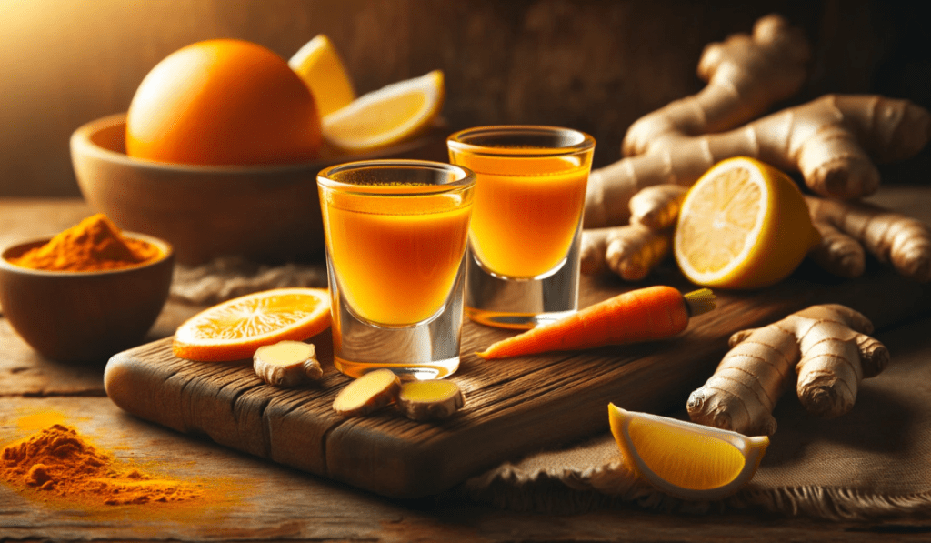 Ingwer Shot mit Ingwer Wurzeln und Orangen, Zitronen und Karotten  