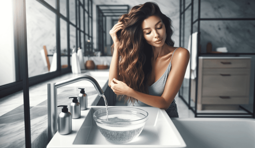 Natron und natürliche Schönheit: Frau mit Haarshampoo