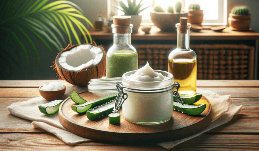 Creme selber machen: hausgemachte Aloe Vera Creme neben Flaschen von Kokosöl und Olivenöl